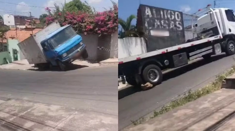 Caminhão-guincho fica preso ao tentar retirar veículo em ladeira na Zona Leste de Teresina