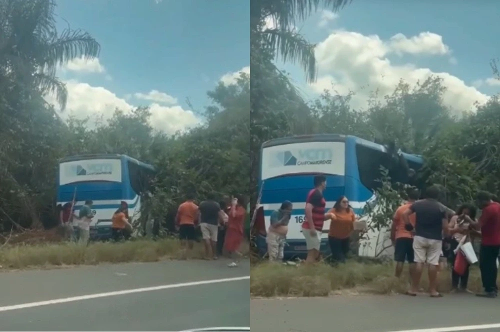 Ônibus sai da pista após motorista passar mal e evitar colisão com caminhão na BR-343