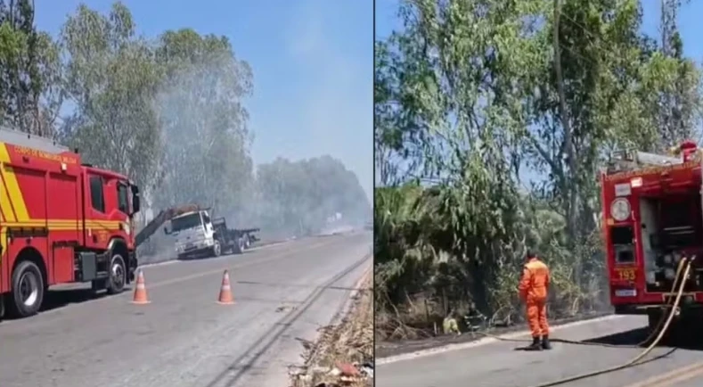 Caminhão derruba poste e provoca incêndio em vegetação na Zona Leste de Teresina